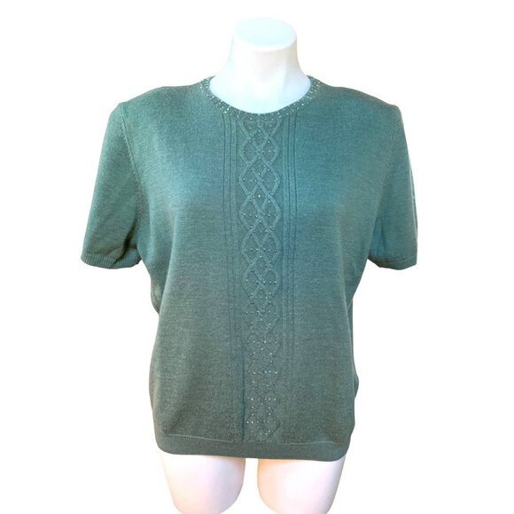 Vintage 90s Cable Knit Short Sleeve Sweater Shirt Beaded Green Large - Picture 1 of 9